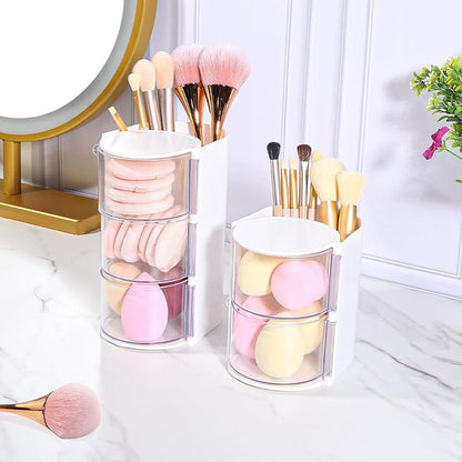 DASITON 2-Layer Makeup Brush Holder with Hair Accessories Organizer, Rotatable Desktop Organizer Case for Hair Clip, Makeup Sponge, Jewelry and Hair Accessories, Hair Brush Holder for Vanity (White)