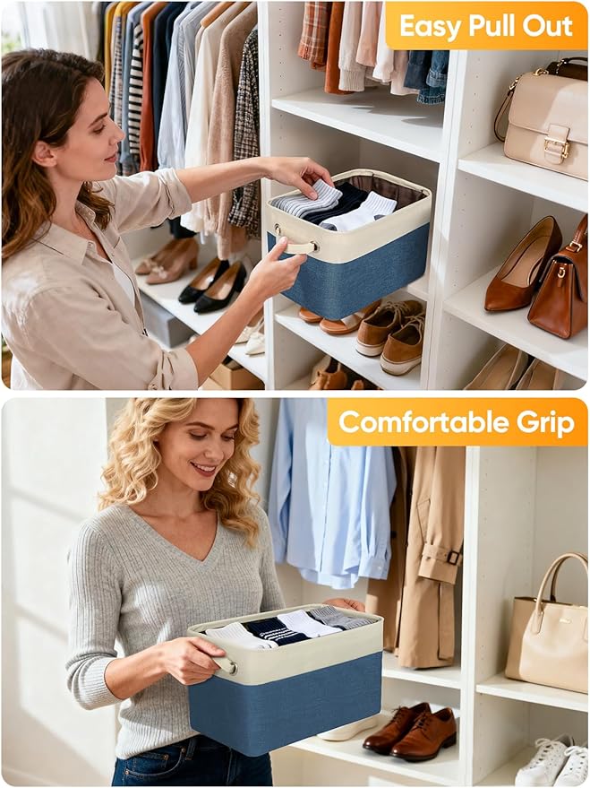 BALEINE 4 Pack Fabric Closet Storage Bins for Shelves, Linen Closet Organizers and Storage, Decorative Baskets for Organizing, Shelf, Clothes, Home, Office (Navy Blue, 14''x10''x8.5'')