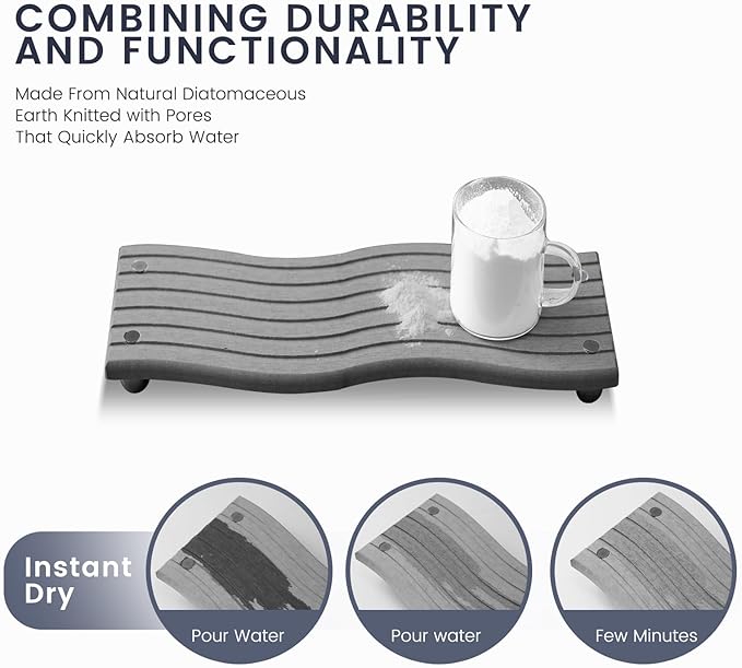 Water Absorbing Stone Tray for Sink,Quick Drying Diatomaceous Earth Coasters Sink Caddy Organizer,Soap Dish Holder & Toothbrush Holder for Bathroom Counter， Toiletries（Dark Grey, 8.67" L x 4.33" W）