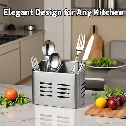 Stainless Steel Kitchen Utensil Holder for countertop, 2 Compartment Caddy & Organizer for Drying Cooking Spoons Utility Sturdy Home Kitchen Daily Use Utensil Drainer (Silver)