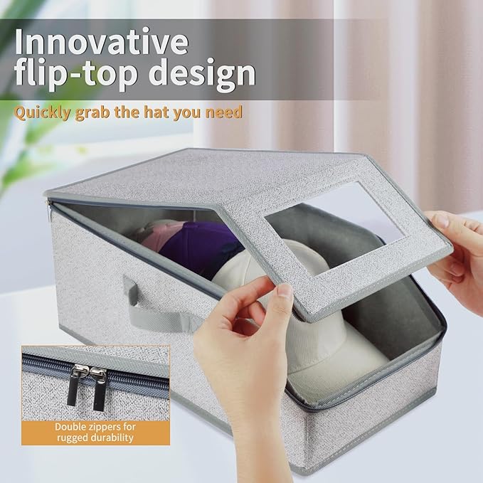 2 PCS Hat Organizer for Baseball Caps Stackable HatBox Hat Rack Hold Up to 24 Caps Hat Storage for Closet with Clear Window Space-Saving Fabric Hat Holder