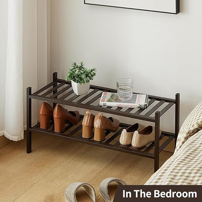 2-Tier Bamboo Shoe Rack for Entryway, Stackable | Heavy Duty | Multi-Function, Free Standing Shoe Racks for Bedroom Hallway Closet