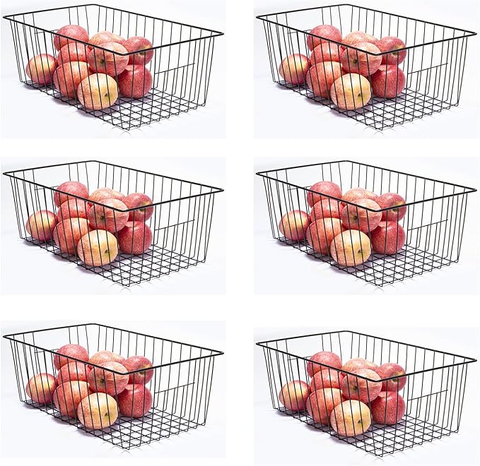 6 Pack Freezer Organizer Bins - Stand up Freezer Organizers for 16 Cu.Ft Upright Freezer, Easily Get Food Improve Air Circulation, Wire Storage Baskets, Black