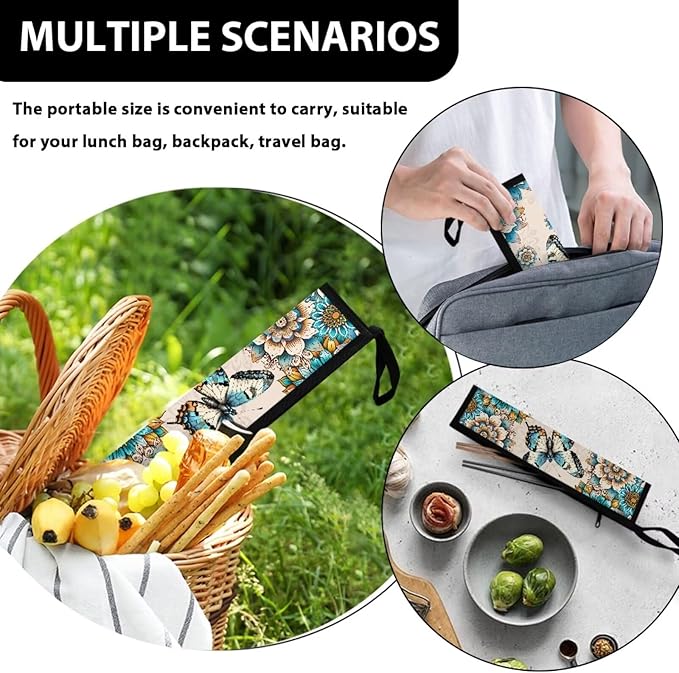 Portable Tableware Carrier Pouch Cutlery Bag Silverware Organizer Accessories for Travel Camp Party,Boho Mandala Floral Butterfly