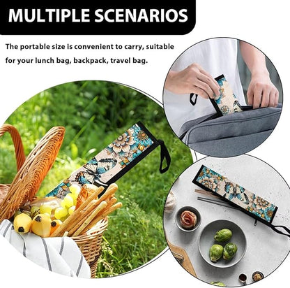 Portable Tableware Carrier Pouch Cutlery Bag Silverware Organizer Accessories for Travel Camp Party,Boho Mandala Floral Butterfly