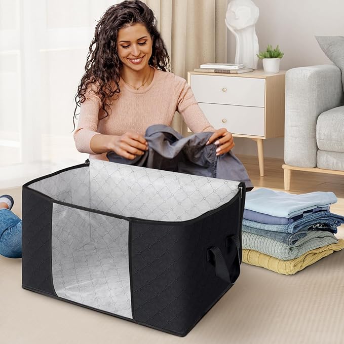 Fab totes Storage Bags,Clothes Blanket Storage Bins Foldable Closet Organizers with Reinforced Handle for Home Dorm Storage and Organization,Fabric Bags for Organizing Sheets,Clothing (Black,4 Pack)