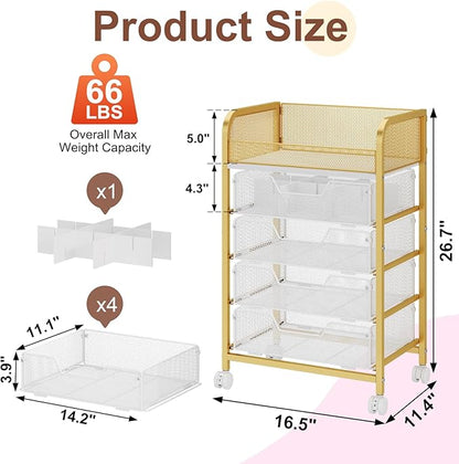Hongtamoya Makeup Cart Organizer with 4 Drawers, Large Floor Skincare Organizers, Vanity Storage Organizer Cosmetics Display Cases for Skin Care Perfume Nail Polish, Gold
