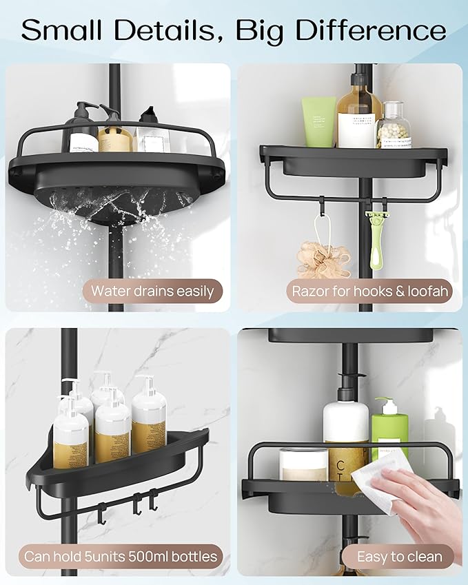 ALLZONE Corner Shower Caddy Tension Pole, Extendable Rustproof Stainless Steel Pole & 4-Tier Adjustable Shelves for Easy Drainage and Built-to-Last Stability, 34 to 116 Inches, Black