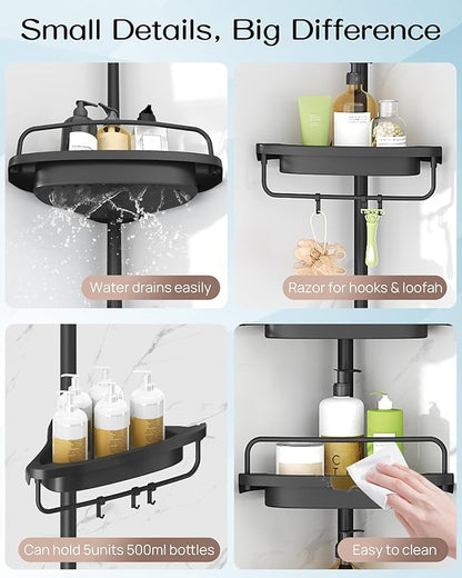 ALLZONE Corner Shower Caddy Tension Pole, Extendable Rustproof Stainless Steel Pole & 4-Tier Adjustable Shelves for Easy Drainage and Built-to-Last Stability, 34 to 116 Inches, Black