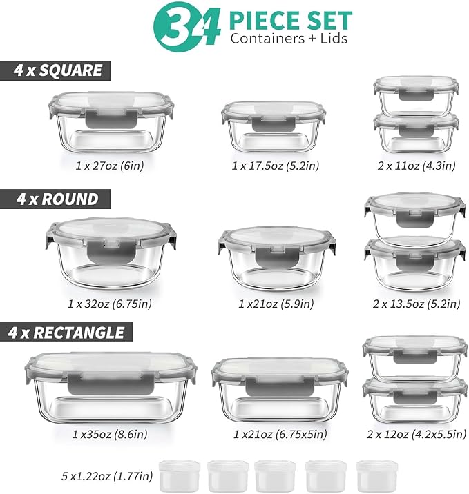AMALEKO 34pc Glass Food Storage Containers with Lids Set, Airtight Glass Meal Prep Containers, Leak Proof Lunch Container BPA-Free, Microwave, Oven, Freezer, Dishwasher Safe-Gray