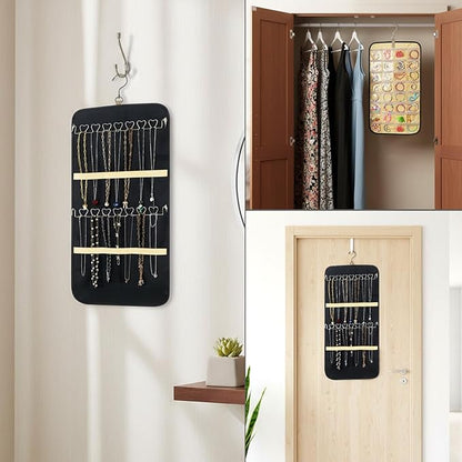 2 Pack Hanging Jewelry Organizer Storage with 32 Pockets and Hooks Dual-Sided Hanging Jewelry Organizers and Storage Hang on Closet, Wall, Door for Earrings, Necklaces, Rings,Blcak