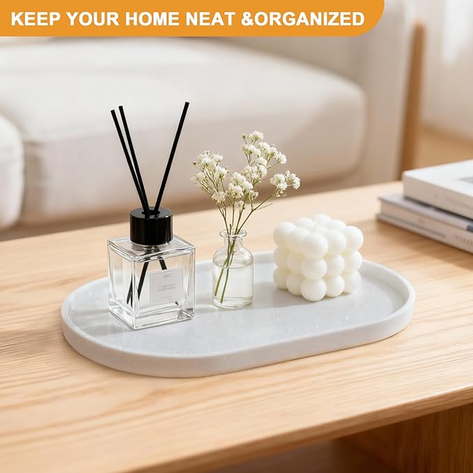 Pure Natural Marble Tray for Bathroom, Dresser, Sink. Cosmetics, toiletries, perfumes, Jewelry, Candles, etc. can be Placed (White Jade, 12" x 8" x 0.7")