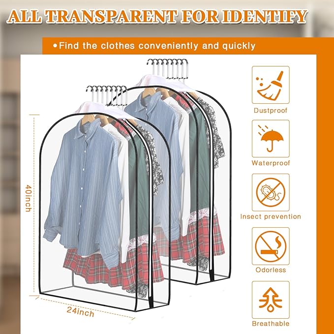 Windyun 8 Pcs 10" Clear Gusseted Garment Bags for Hanging Clothes 40" Transparent Dress Bags with Full Zipper Garment Covers for Closet Storage Coats Jackets Shirts Suits, Plastic
