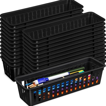 Domensi 24 Pack Slim Plastic Storage Baskets Tray for Organizing 10.25x3.25x2.5 Inch Small Narrow Storage Bins Stackable Drawer Pencil Trays Holder for Desk Garage Cabinet Container (Black)
