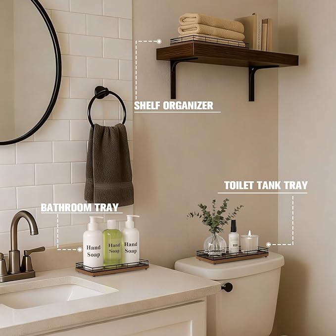 Bathroom Vanity Tray for Countertop, 12" x 6" Acacia Wood Toilet Tank Tray with Metal Guardrail, Bathroom Organizer for Soap, Perfume & Skincare, Non-Slip Decorative Tray for Dresser, Black & Acacia