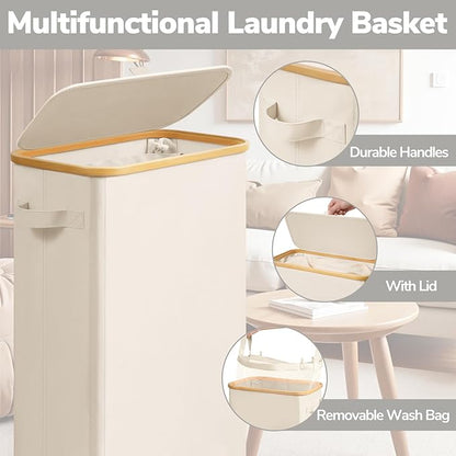Goodpick Slim Laundry Basket with Wheels and Lid, 75L Narrow Laundry Hamper with Handles Removable Bag, Rolling Clothes Hamper for Dorm Bathroom Bedroom, 17" x 9.8" x 29.5", Beige