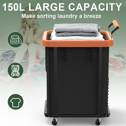 150L (40 Gal) Extra Large Fashion Laundry Basket with Wheels, Rolling Basket Hamper with Handle, Organizer Storage Cart with Sturdy Metal Frame for Laundry Room - Black