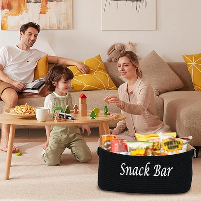 Snack Organizer for Pantry Shelf, Black Cotton Rope Basket with Handles, Snack Bin for Storing Chips, Pretzels, Cookies, Popcorn, Snack Bar Station Kitchen Organization