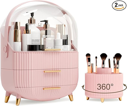 lurcns Makeup Organizers and Storage Make up Organizer for Vanity Cosmetics Skincare With Lid and Drawers Display Cases for Countertop Bathroom Women Teenager Girl Gifts(Pink+Brush Holder)