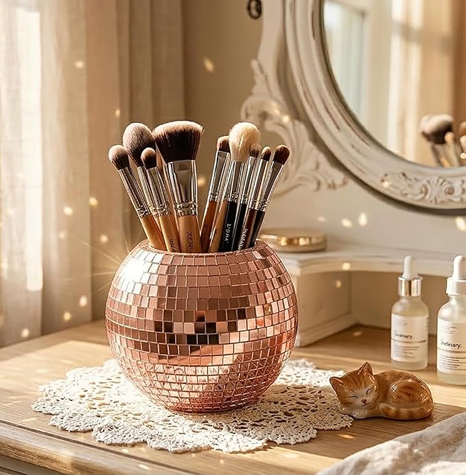 Glass Disco Ball Pen Holder with Smooth Grouting - Premium Mirror Mosaic Pencil Cup for Desk, Cute Makeup Brush Holder, Aesthetic Room Decor Gift (Rose gold)