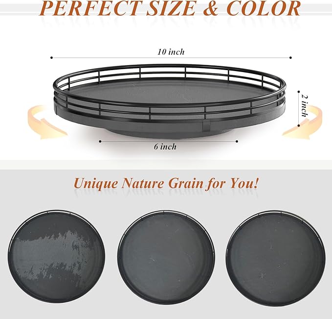 Nature Slate Lazy Susan Turntable for Table Top – 10” Round Slate Tray Organizer for Dining Table, Kitchen Countertop & Bar, Luxury Stone Serving Tray with Black Raised Iron Rim