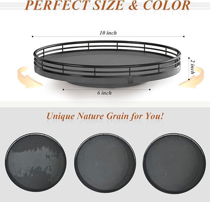 Nature Slate Lazy Susan Turntable for Table Top – 10” Round Slate Tray Organizer for Dining Table, Kitchen Countertop & Bar, Luxury Stone Serving Tray with Black Raised Iron Rim