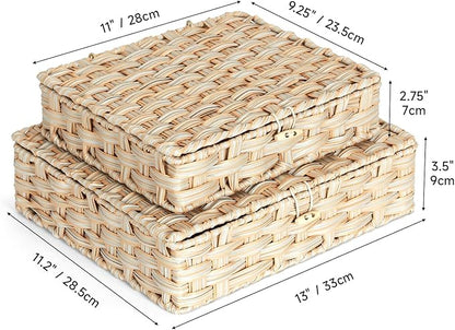 Plastic Wicker Storage Baskets with Lids, 2-Pack Woven Rattan Organizer Bins with Locking Button, Decorative Flat Storage Boxes, 11"x9.25"x2.75" & 13"x11.2"x3.5", Beige