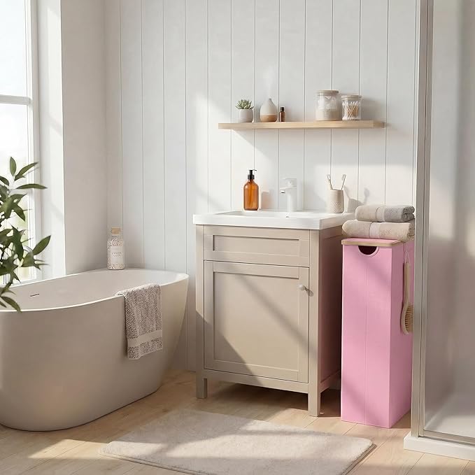 efluky Slim Laundry Basket with Lid, Narrow Laundry Hamper with Removable Bag, Skinny Dirty Clothes Basket with Bamboo Handles for Bathroom, Bedroom & Laundry Room, 75L Pink