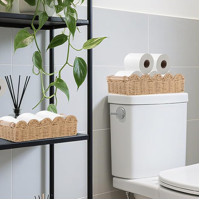2 Set Paper Rope Scalloped Edge Decor Baskets for Toilet Tank Top, Living Room, Bedroom, End Table, Shelves with Wooden Handle, Both Small Items, Beauty Products, Cleaning Supplies