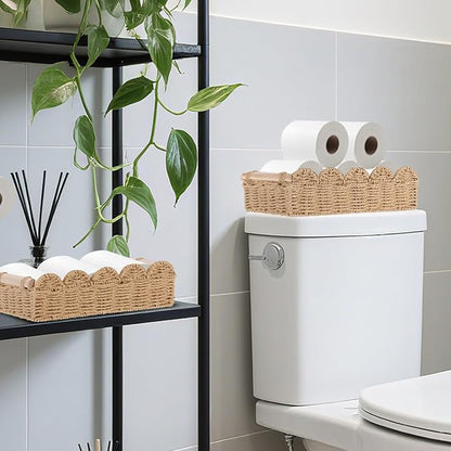 2 Set Paper Rope Scalloped Edge Decor Baskets for Toilet Tank Top, Living Room, Bedroom, End Table, Shelves with Wooden Handle, Both Small Items, Beauty Products, Cleaning Supplies