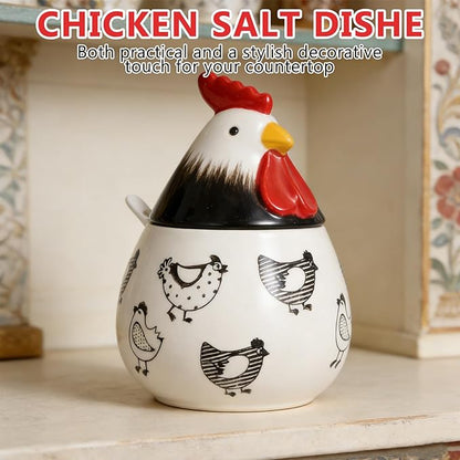 Ceramic Salt Cellar, 15.8 oz Chicken Shaped Salt Cellar with Lid and Spoon – Airtight Countertop Decor Container, Food-Grade Seasoning Holder for Spices/Sugar/Pepper Storage(Black)