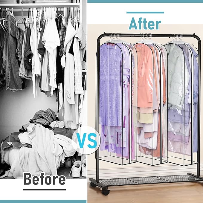 MISSLO 10" Gusseted All Clear Garment Bags for Hanging Clothes 60" Dress Bags for Gowns Long Fur Coat Closet Storage Covers, 3 Packs