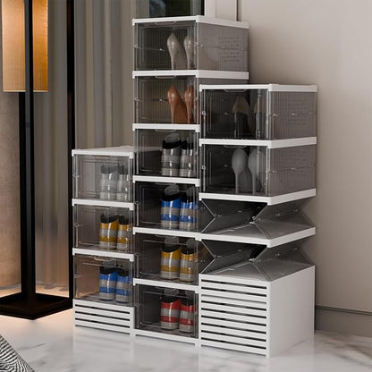 YIIHAA 6 Tier Shoe Rack Shoe Storage Box Size up to 14, No Assembly Stackable with Clear Door, Free Standing Shoe Shelf Cabinet with Lid, Plastic Shoe Rack (Transparent)