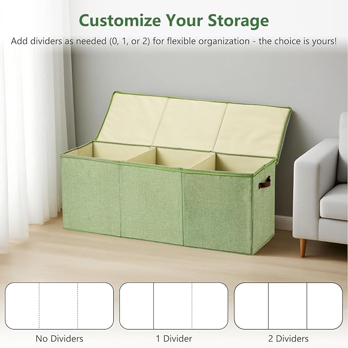 Extra Large Storage Box with Zippered Lid 130L Jumbo Chest Basket Bin Collapsible Lidded Sturdy Organizer with Dividers PU Leather Handles for Clothes Bedding Set Home Closet (Light Green)
