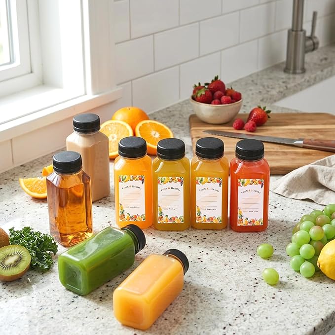 Moretoes 144pcs 8oz Plastic Bottles with Lids, Reusable Juice Bottles, Clear Bulk Juice Containers with Caps for Juicing, Smoothies, Drinking and Other Beverages