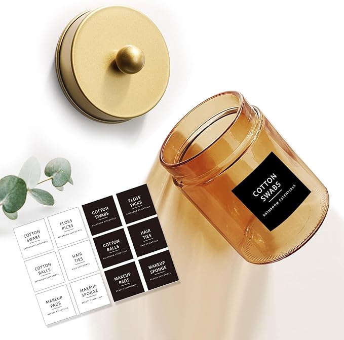 Amolliar Bronze Glass Apothecary Jar With Metal Lid & Stickers, Bathroom Qtip Dispenser Storage Canister, Perfect for Cotton Balls, Cotton Swabs, Makeup Pads, Bath Salt, Floss, 2 Pack(Gold)
