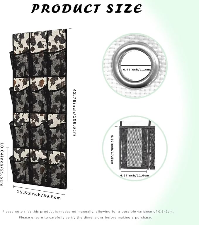 Over the Door Shoe Organizer Foldable Cow Print Hanging Shoe Organizer with 12 Large Pockets Sturdy Oxford Storage Holder for Dorm Room