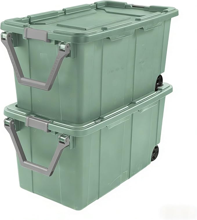 40-gallon plastic storage boxes with snap-on lids and handles, light green, 2-pack