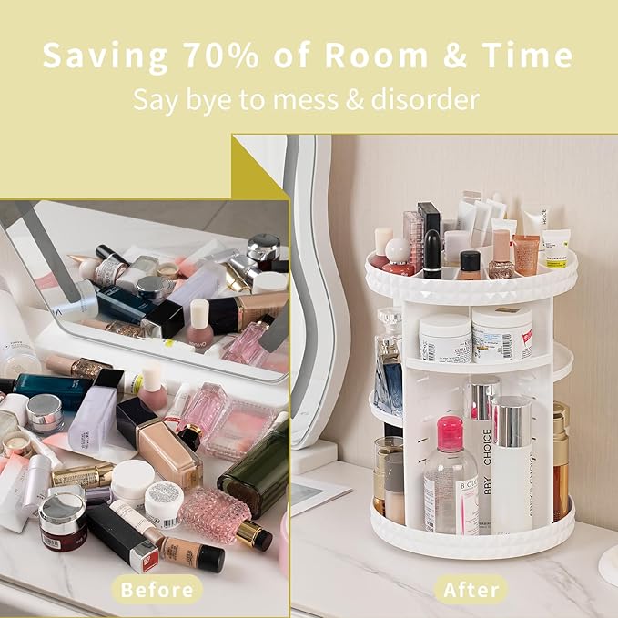 V-HANVER 360 Rotating Makeup Organizer Perfume Organizer White Cosmetic Storage Display Case Large Capacity Acrylic Beauty Holder Adjustable Partition Height for Bedroom Dresser or Bathroom Vanity