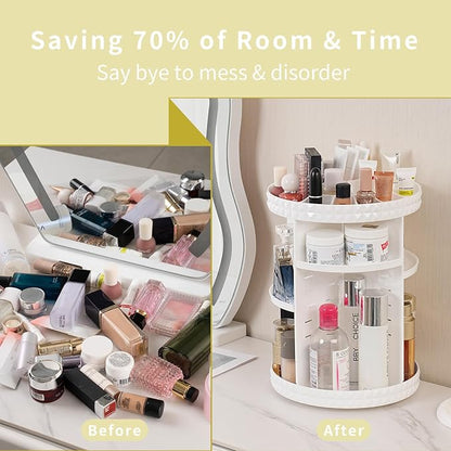 V-HANVER 360 Rotating Makeup Organizer Perfume Organizer White Cosmetic Storage Display Case Large Capacity Acrylic Beauty Holder Adjustable Partition Height for Bedroom Dresser or Bathroom Vanity