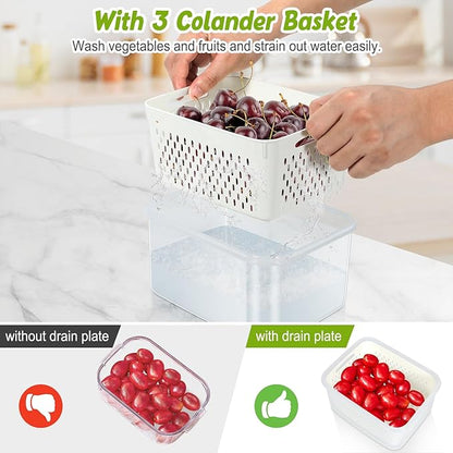 6 Pieces Large Fruit Produce Storage Containers for Fridge Keep Fresh, 3 PackLettuce Keeper with Colander, BPA-Free Plastic Berry Containers Vegetables Saver Refrigerator Organizer