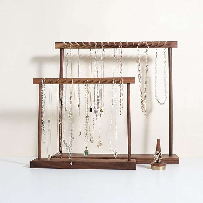Large necklace hanger shelf with 17 copper bars, Wooden jewelry storage organizer rack for hanger necklace bracelet, necklace display stand for boutique store【Walnut】