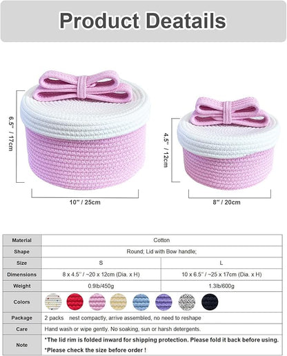 Cute Storage Baskets with Lids, Small Round Woven Rope Basket with Lid, Small Toy Box for Kids or Cat, Cute Basket for Gift, Decorative Basket with Chic Bow Handle, Pink