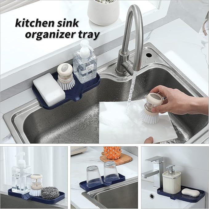 MicoYang Silicone Bathroom Soap Dishes with Drain Spout-Kitchen Sink Organizer,Sponge Holder,Dish Soap Tray,Perfect for Dispenser,Scrubber,Bottle,Cup on Sink or Counter-Navy Blue 9.6"×5.3"
