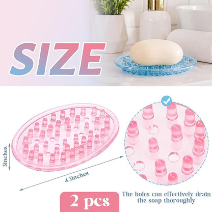 2 Pcs Plastic Soap Holder Soap Dish Bar Saver Tray with Holes Sponge Holder for Kitchen Bathroom Shower Counter, 4.5 x 3 x 0.7 Inches (Pink,Blue)