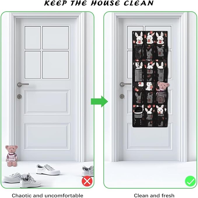 Cute Bunny Door Hanger Organizer 12 Pockets Over The Door Shoe Organizer for Room Black Wall Hanging Storage Mesh Fabric Multi-Funtion Storage Bag for Living Room