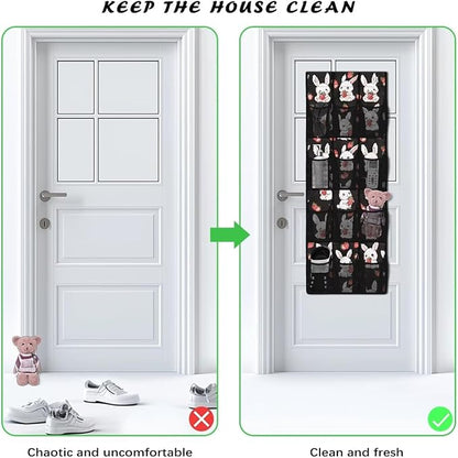 Cute Bunny Door Hanger Organizer 12 Pockets Over The Door Shoe Organizer for Room Black Wall Hanging Storage Mesh Fabric Multi-Funtion Storage Bag for Living Room
