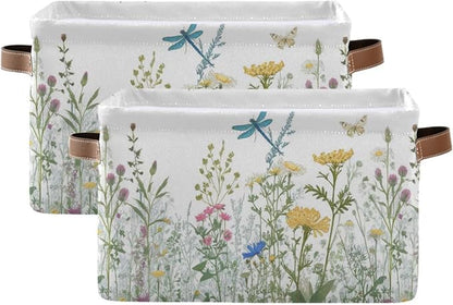 Colorful Herbs And Flowers Storage Baskets,Decorative Collapsible Rectangular Canvas Fabric Storage Bin for Home, 2PACK