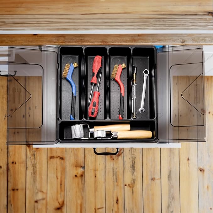Dicunoy Silverware Organizer with Lid, Covered Utensil Drawer Organizer Tray for Kitchen, 5 Compartments Plastic Black Cutlery Flatware Storage Box for Spoons Forks Knives, Office, RV, Countertop