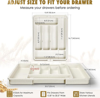 FANCILLA Heavy Duty Silverware Organizer for Kitchen Drawers - Large Wheat Straw Utensils Drawer Organizer, BPA-Free Adjustable Cutlery Holder, Dishwasher Safe, 6-8 Wider Slots (White)